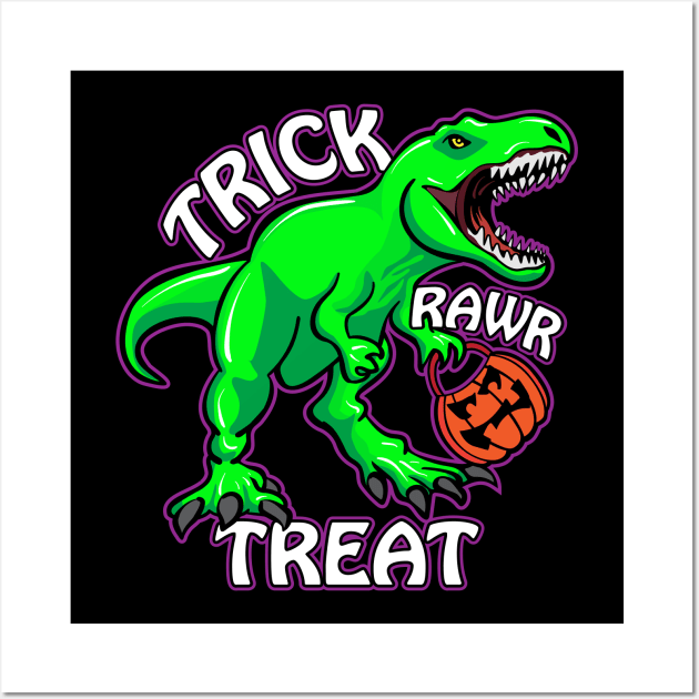 Trick Rawr Treat T Rex Dinosaur with Pumpkin Funny Halloween Cartoon Wall Art by hobrath